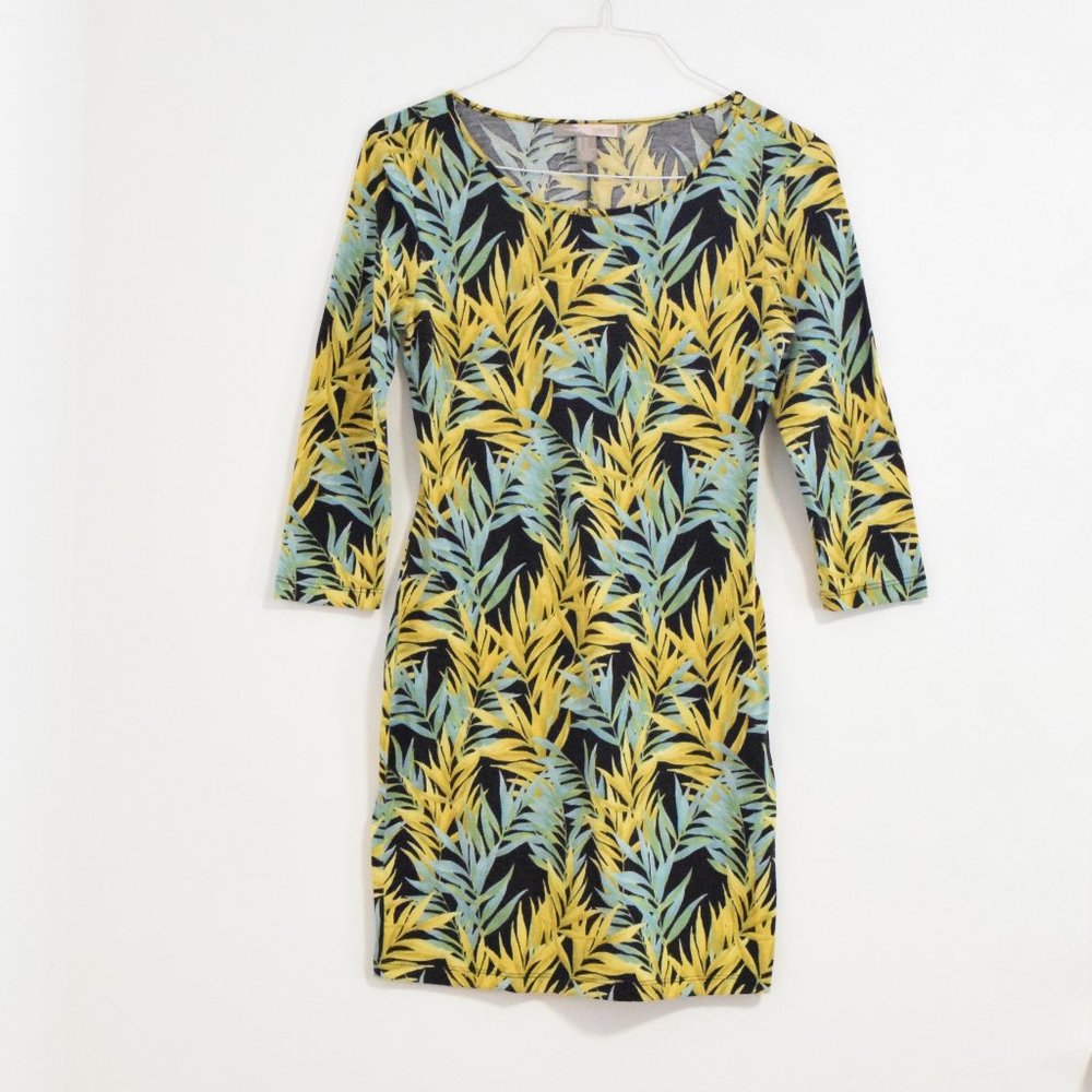 Yellow & Green Tropical Palm Leaf Plant Print Bodycon Mini Dress | Size XS